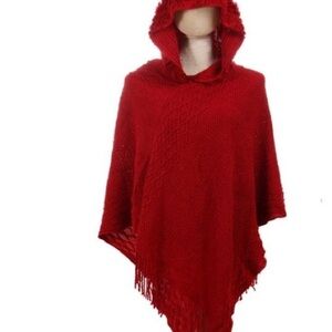 Red Hooded Poncho with Fringe